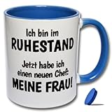 Lustige Tasse mit Deckel Ich bin im Ruhestand ... Kaffeetasse Rentner, Lustige Tasse Rente, Kaffeebecher mit Deckel, Tasse für Männer (A: Blau-Weiße Tasse inkl. blauem Tassendeckel)