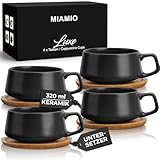 MIAMIO - 4 x 320 ml Kaffeetassen/Cappuccino Tassen mit Unterteller/elegant/modern/Kaffeebecher aus Steingut - Luxe Kollektion 4er Set (Schwarz)