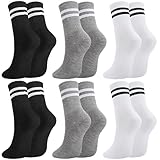 taonganui 6 Paar Tennissocken für Damen Sportsocken Damen 37-42 Laufsocken Tennis Sport Socken mit Streifen Baumwolle Socken Crew Socks Arbeitssocken, Schwarz, Weiß, Grau