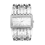 JewelryWe Damenuhr Rechteckig Armreif Uhr: Damen Glitzer Strass Analog Quarz Armbanduhr Frauen Silber Breit Metallarmband Armspange Lässige Diamant Spangenuhr mit Eckigem Zifferblatt