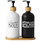 Winter Shore Glas Seifenspender Set in Deutsch [2 STK.] - Schwarz-Weiße Nachfüllbare Dispenser für Handseife und Spülmittel - Pumpspender-Köpfe & Tropfschale aus Bambus - 7,5 x 21.5 cm, 500 ml