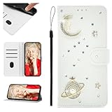 SEHEYA Hülle kompatibel mit Samsung Galaxy S7 Edge Klapphülle Weiß PU Leder Glitzer Planet Stern Universum Diamant Strass Bling Handyhülle Magnet Verschluss Tasche Schutzhülle Etui