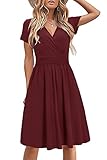 STYLEWORD Damen Sommerkleid Kurzarm V-Ausschnitt kleider Einfarbig kleid Strandkleid Mit Taschen(Dunkelrot,Mittel)