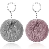 HICARER 2 Stücke Pom Poms Schlüsselanhänger Flaumig Faux Pompoms Schlüsselring Weiche Plüsch Schlüsselring Ornament Anhänger Zubehör für Damen Mädchen Frauen (Grau, Miniatur Braun)