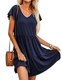 Hotouch Sommerkleider für Frauen Lässiges Kurzarm Strandkleid Damen V-Ausschnitt Sommerkleid A Line Swing Kleid mit Taschen Navy blau L