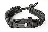 WIKA Survival Armband, Paracord, Feuerstein, Schaber, Signalpfeife, größenverstellbar (Schwarz)