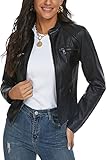 Fahsyee Damen Kunstlederjacke, Moto Biker Lederjacke Antik-fertige Schlanke Vegane Reißverschlussjacke Schwarz, Größe L