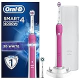 Oral-B Smart 4 4000 3D weiße elektrische Zahnbürste wiederaufladbar, 1 rosa App verbundener Griff, 3 Modi, Drucksensor, 2 Zahnbürstenköpfe, 2-poliger UK-Stecker, Geschenk für Männer und Frauen