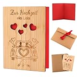 Hochzeitskarte Holz mit Umschlag,15x11cm Grußkarten zur Hochzeit,Holz Herz Liebesbrief Karte,Beschreibbare Bambuskarte ,Glückwunschkarte für Valentinstag ,Jahrestag ,Einladungskarten(Hochzeitsauto)