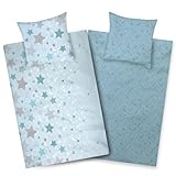 Aminata kids Bettwäsche 135x200 Sterne türkis Baumwolle Stern-Motiv, Reißverschluss weich & atmungsaktiv, Sommer-Bettwäsche-Set Damen Mädchen - Wendebettwäsche Mint