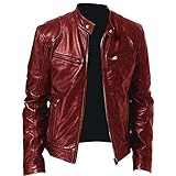 Motorradjacken für Herren, wasserdicht, durchgehender Reißverschluss, schwarz, Vintage-Motorradjacke mit Reißverschluss, Touren-Motorradjacke mit echtem Biker-Stehkragen, Lederjacke, Kunstlederjacke,