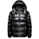 Herren Winter Warm Mid-Weight Hoodie Metallic Daunenjacken Reißverschluss Kapuze Quilten Glänzende Puffer Mäntel, Schwarz , S