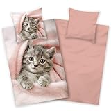 Aminata kids Bettwäsche Katze 135x200 Baumwolle Mädchen | Wende-Kinder-Bettwäsche-Set Katzen-Motiv | Katzenbaby | YKK Reißverschluss rosa niedlich