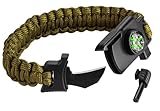 NEO TOOLS 5-in-1-Überlebensarmband, Survival-Armband, enthält Paracord, Zunder, Kompass, Messer und Pfeife. 3,5 m Seil, Seilstärke 250 kg, Armbandbreite 26 mm, Umfang 240 mm, Zunder 5 x 20 mm, grün