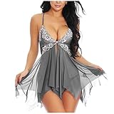 Sexy Dessous Damen Hot Offen Plus Size Nachthemden V-Ausschnitt Spitze Mesh Elegante Babydoll für Sex Kleidung Sleepwear Robe Nightgown Anzüge Unterwäsche Komfortable Pyjama, grau, M