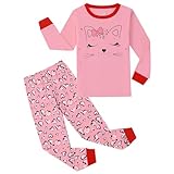 Codkkre Schlafanzug Mädchen Katze Kinder Pyjama Baumwolle Langarm Winter Cat Schlafanzüge Zweiteiliger Größe 134, Rosa/Katze