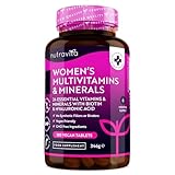 Multivitamine & Mineralien für Frauen - 24 essentielle aktive Vitamine & Mineralien mit zusätzlicher Hyaluronsäure - 180 vegane Tabletten - keine synthetischen Füllstoffe oder Bindemittel - Nutravita