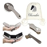 Chevalon Pferde Putzset | Flexible Kardätsche | Striegel / Massagebürste | 2in1 Hufkratzer mit Edelstahl-Pick | Mähnen- Pferdebürste | Hufbürste | Putztasche für Pferde Zubehör / Pferdeputzzeug Set