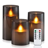 Homemory Wasserdicht Outdoor Flackernde Flammenlose Kerzen mit Realistischer Tanzender Flamme, LED-Kerzen, Batteriebetriebene Kerzen mit Fernbedienung und Zeitschaltuhr, Graues Acryl, 3er-Set