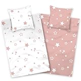 Aminata kids Bettwäsche 135x200 Sterne weiß rosa Baumwolle Stern-Motiv, Reißverschluss weich & atmungsaktiv, Sommer-Bettwäsche-Set Damen Mädchen - Wendebettwäsche