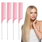 Lusofie Stielkamm Styling Kamm 4 Stück Rosa Lockenkamm Rattenschwanzkamm mit Edelstahl Nadelschwanz Friseur Rattenschwanz Haarkamm zum Teilen Kämmen und Stylen Haare (Rosa)