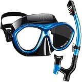 Dorlle Schnorchelset mit Schnorchel und Taucherbrille， Verbesserter 3-Kanal Dry Schnorchel und Anti-Fog Anti-Leck aus Gehärtetem Glas, Premium Schnorchel Set Tauchmaske für Erwachsene（blau）