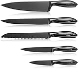 WELLSTAR Kochmesser Fünfstück,Razor Sharp Deutsch Edelstahl Black Blade mit Komfortablem Hollow Finger Guard Handle für Küche Fleisch Sushi Gemüse Schneiden Würfel, Geschenkbox