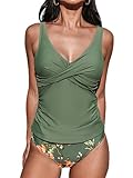 CUPSHE Damen Tankini Set V Ausschnitt Wickeloptik Crossover Tankini Mid Waist Bauchweg Raffung Bademode Zweiteiliger Badeanzug Swimsuit Olivgrün/Blumenmuster L