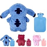 Fluffy Wärmflasche,Cartoon Heißwasserflasche Blau für Kinder Abnehmbare und Waschbare Wärmflasche Naturkautschuk Weiches Plüsch Fluffy Geschenk für Kind Familie & Freund Winter