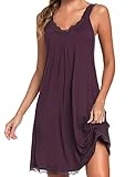 Uniexcosm Nachthemd Damen Ärmelloses Kurz Baumwolle Nachtkleid Spitze V-Ausschnitt Nachtwäsche Sexy rutschfeste Schultergurte Freizeitkleid Sleepwear Dunkelfuchsia M