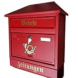 Naturholz-Schreinermeister Großer Briefkasten/Postkasten XXL Rot/Matt mit Zeitungsrolle Zeitungsfach Schrägdach Trapezdach