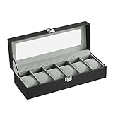 SONGMICS JWB06BK Uhrenbox mit 6 Fächern, Schatulle, mit Glasdeckel, abnehmbare Polster, Schloss aus Metall, schwarz beschichtet und Futter in Grau