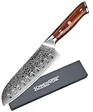 SCHNEIDWERK Santoku-Messer Damastmesser, Küchenmesser 17,6 cm Klingenlänge, 67 Lagen Edelstahl-Damast, Kochmesser Damaststahl, sehr scharf, Damaszener-Stahl Rostfrei DI-Serie