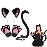 EUPSIIU 3 Stück Tier kostüm für Kinder Erwachsene, Katze Kostüm Fuchs Ohren Stirnband Fuchs Kostüm, Katzenohren Pfoten Handschuhe Katze Schwanz Tierkostüm für Party Halloween Kinder Dress Up (Schwarz)