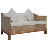 vidaXL Sofa 2-Sitzer mit Auflagen Rattansofa Loungesofa Sitzmöbel Wohnzimmersofa Rattanmöbel Designsofa Korbsofa Zweisitzer-Sofa Natur Rattan