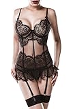 Frauen Schwarzer Damen Netz Set aus Strapshemd mit tiefem Ausschnitt Corsage Oberteil und String Straps Spitze mit Blumenmuster Harness Set S