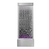 LONGRUN Gartenbrunnen Outdoor Groß, Zimmerbrunnen Wasserfall mit LED Beleuchtung, 45,5x20x123cm Edelstahl Garten Wasserwand Innenbereich mit Pumpe, Moderne Zierbrunnen Wasserspiel für Terrace -Silber