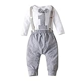 Chennie Baby Jungen 1. Geburtstag Outfits Fliege Strampelanzug Strumpfhose Gentleman Kleidung Set für Fotofotografie (Grau, 12-18 Monate)