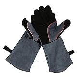 OZERO Hitzebeständig Handschuhe Leder BBQ Grillhandschuhe Feuerbeständig Schweißhandschuhe Arbeitshandschuhe für Kamin Schweißer Ofen Herd - Schwarz-grau (40.6 cm)