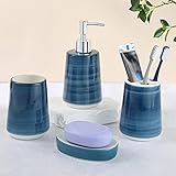 Badezimmer Zubehör Set, 4-teiliges Keramik Badezimmer Organizer mit Bad Seifenspender,Zahnputzbecher,Zahnbürstenhalter und Seifenschale,Bathroom Accessories,Deko Bad Set,Badorganizer,2 Pump Heads,Blau