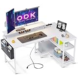 ODK L-förmiger Schreibtisch, Eckschreibtisch Weiß mit USB-Ladeanschluss&Steckdose, Gaming Tisch L Form mit Regal Reversibel, L-förmiger Computertisch mit Monitorständer für Büro