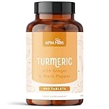 Curcuma Tabletten 2500mg | 400 Kurkuma Tabletten | Curcumin mit schwarzem Pfeffer & Ingwer | Hochdosiert | Vegan | Alternative zu Kurkuma Kapseln | Alpha Foods