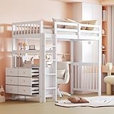 Ctastay Kinderbett Holzbett 90x200 cm, Bett Hochbett Familienbett mit Stauraum Schubladen & Leiter, Jugendbett Einzelbett mit Tisch & Rausfallschutz, Weiß (Ohne Matratze)