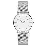 HANNAH MARTIN Damen Uhren Analog Quarz Edelstahl Wasserdicht Mesh Ultradünne (Weiß Oberfläche ，Silber Armband)