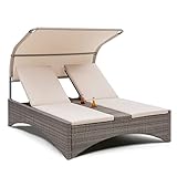 Blumfeldt Sonnenliege für 2 Personen, Rattan Gartenliege, Doppelliege Outdoor, Gartenliege mit Dach Wasserfest, Liege für den Garten, Daybed mit Verstellbarer Rückenlehne, Luxuriöse Sonnenliege