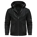 Herren-Motorrad-Lederjacke mit Kapuze, Motorrad-Lederjacke mit Reißverschluss, Lederjacke mit Fronttasche (Schwarz, Größe 3XL), Schwarz , 3XL