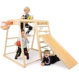 Indoor-Spielplatz Kleinkind Holz Spielset 9-in-1 mit Kletterer, Rutsche, Basketballrahmen, Schaukel, Dschungel-Turnhalle, schwedische Leiter, Monkey Bars, Seilleiter,Kletterer für Alter 1,5-10