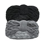 Stirnband Damen Winter, 2 Stück Stirnbänder Strick Gefüttert mit Fleece, Gestrickt Warmes Stirnbänder Ohrenwärmer Kopfband Haarband Verdicken für Frauen Mädchen (Schwarz + Grau)