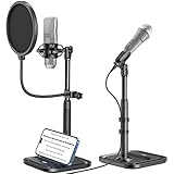 Mikrofonständer mit Handy halterung, 2 in 1 verstellbarer Tischmikrofonständer mit Pop-Filter, Schockhalterung, Mikrofonclip, 3/8' auf 5/8' Schraubenadapter für Blue Yeti Snowball Ice andere Mikrofone