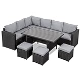 MeXo Polyrattan Gartenmöbel-Set Lounge-Set mit Ecksofa, WPC Esstisch, 3 Hocker, Kissen - Gartenlounge wetterfest bis 10 Personen